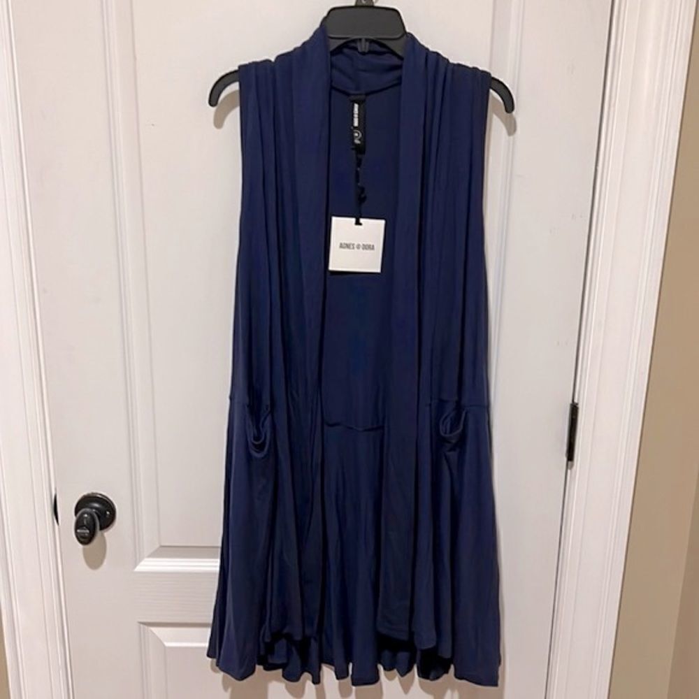New Agnes & Dora Cascade Sleeveless Open Cardigan Vest Stretch Navy